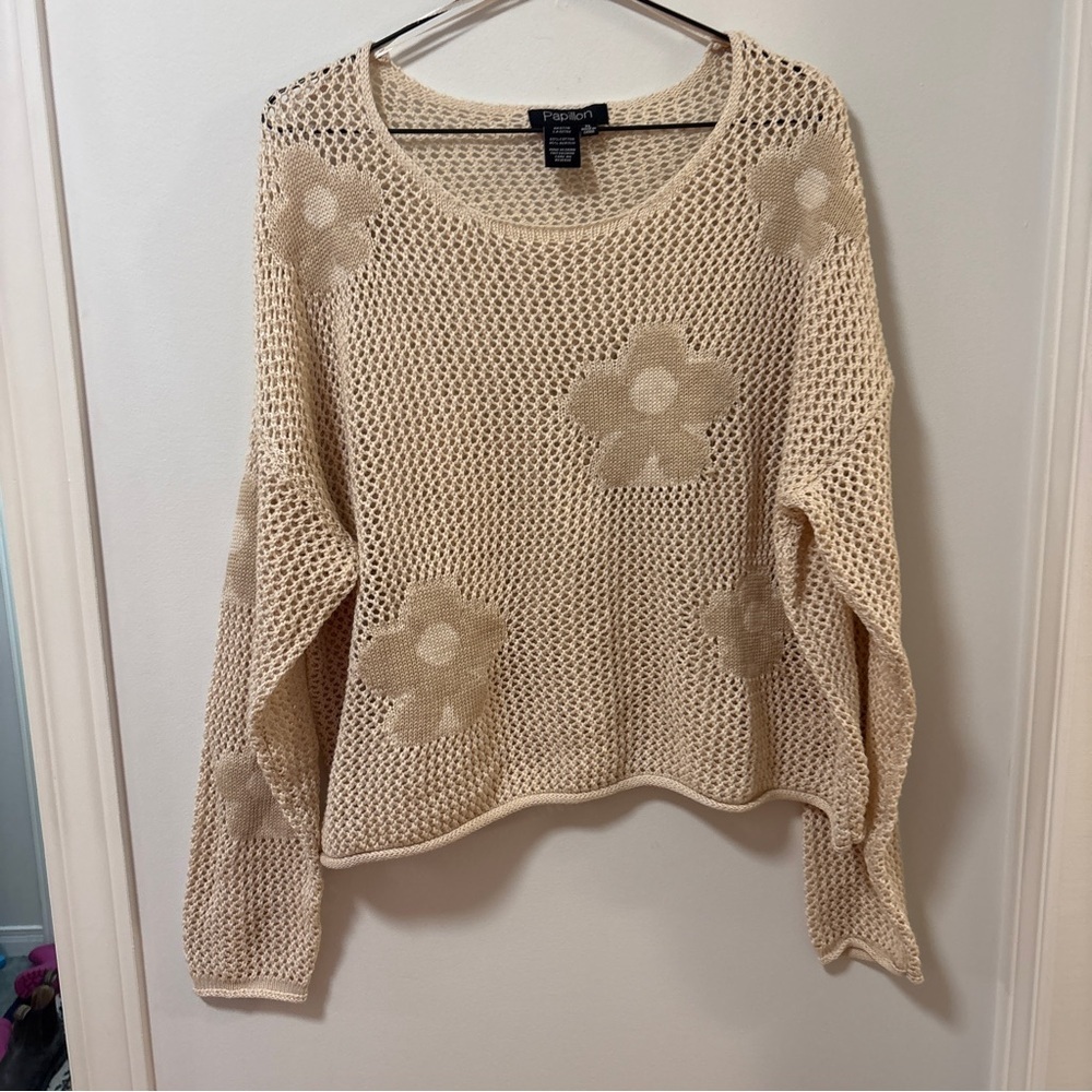 Papillon Cream Crochet Floral Scoop Neck Sweater